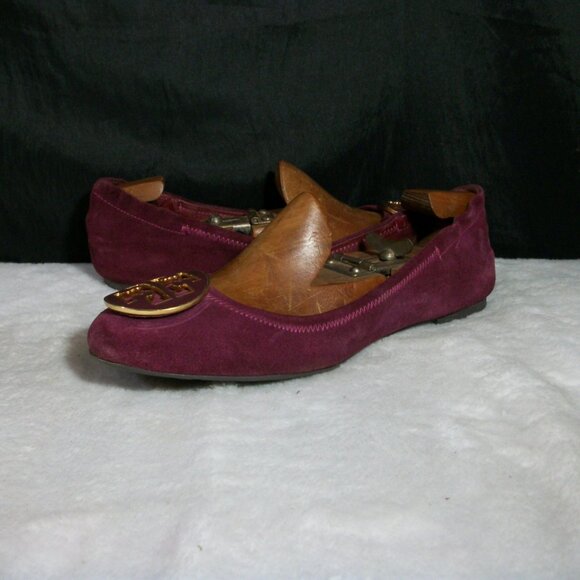 TORY BURCH REVA MAROON SUEDE LEATHER FASHION BALLET FLATS 7M FREE SHIP - Picture 2 of 9